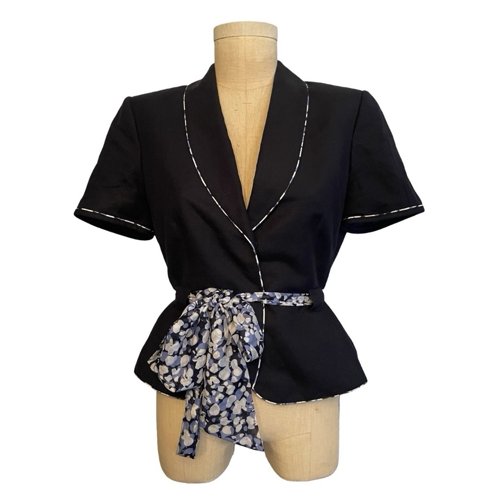 Tahari Womens Linen Blend Short Sleeve Blazer Blue Silk Belt Size 10